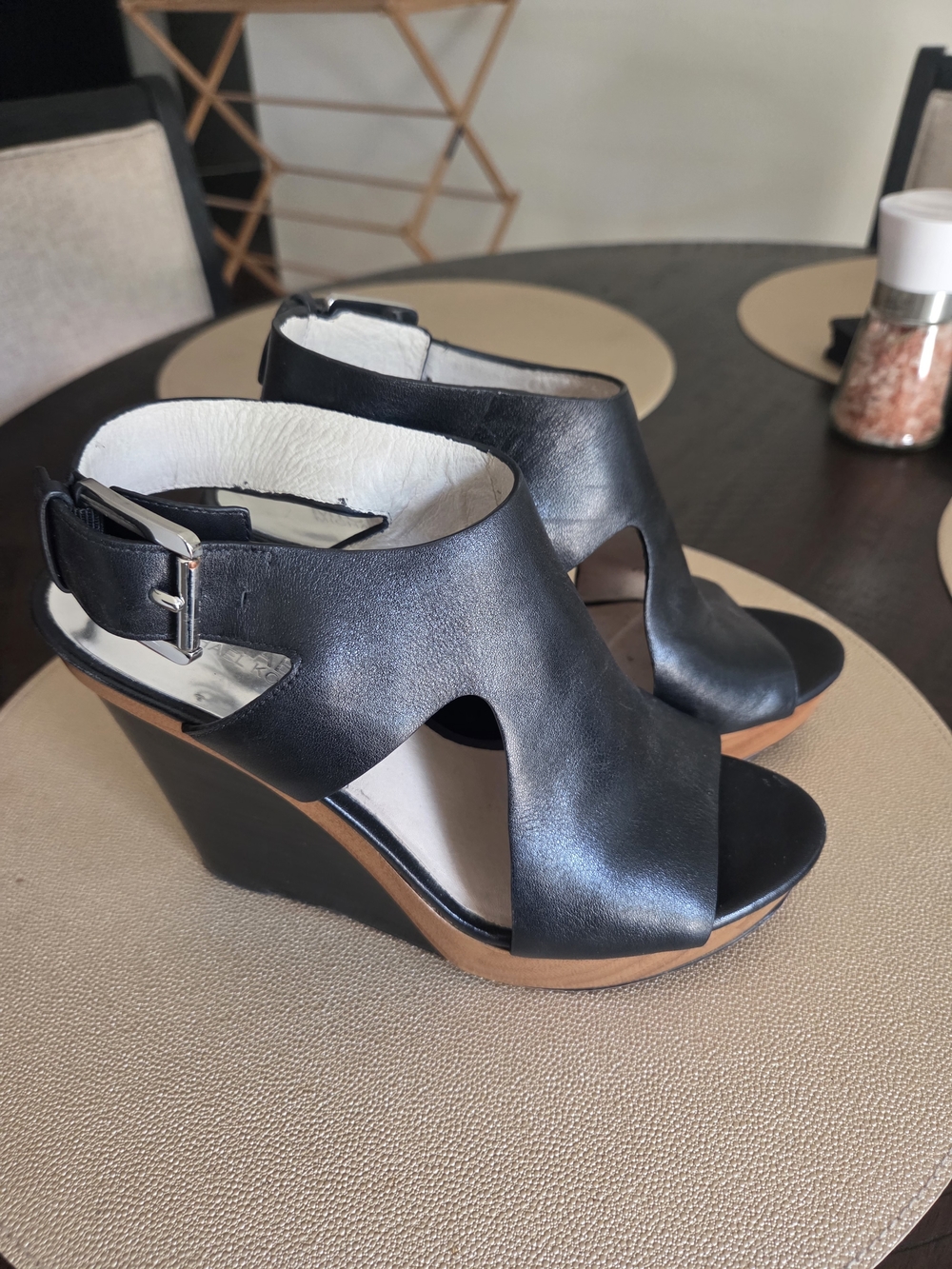 Michael Kors Josephine Black Leather Open-Toe Wedge Sandals